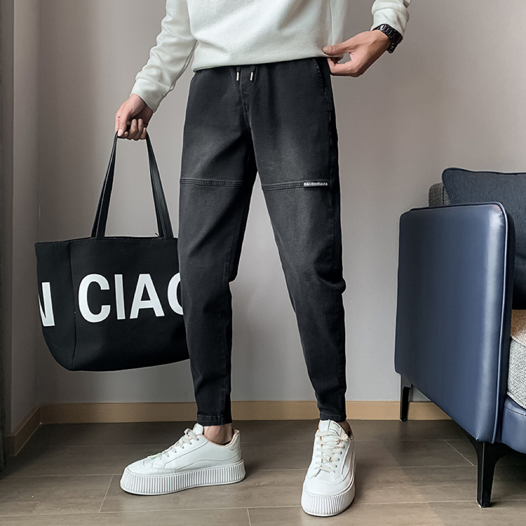 오보이 봄가을 트렌디한 남성 벨벳진 트렌디한 브랜드 스플라이싱 슬림핏 레깅스 핸썸 꼬마발 하렘팬츠