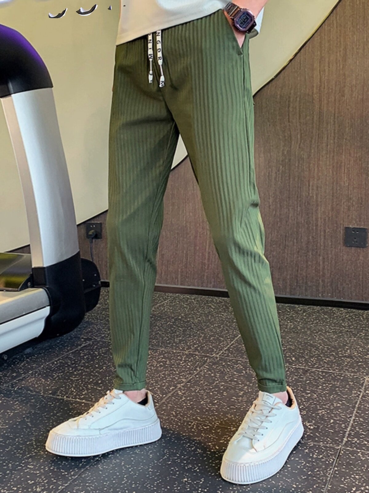 OBOY 여름 얇은 슬림 핏 캐주얼 바지 남성 트렌디 브랜드 잘 생긴 탄성 작은 다리 바지 인기 한국 스타일 졸라 매는 끈 긴 바지