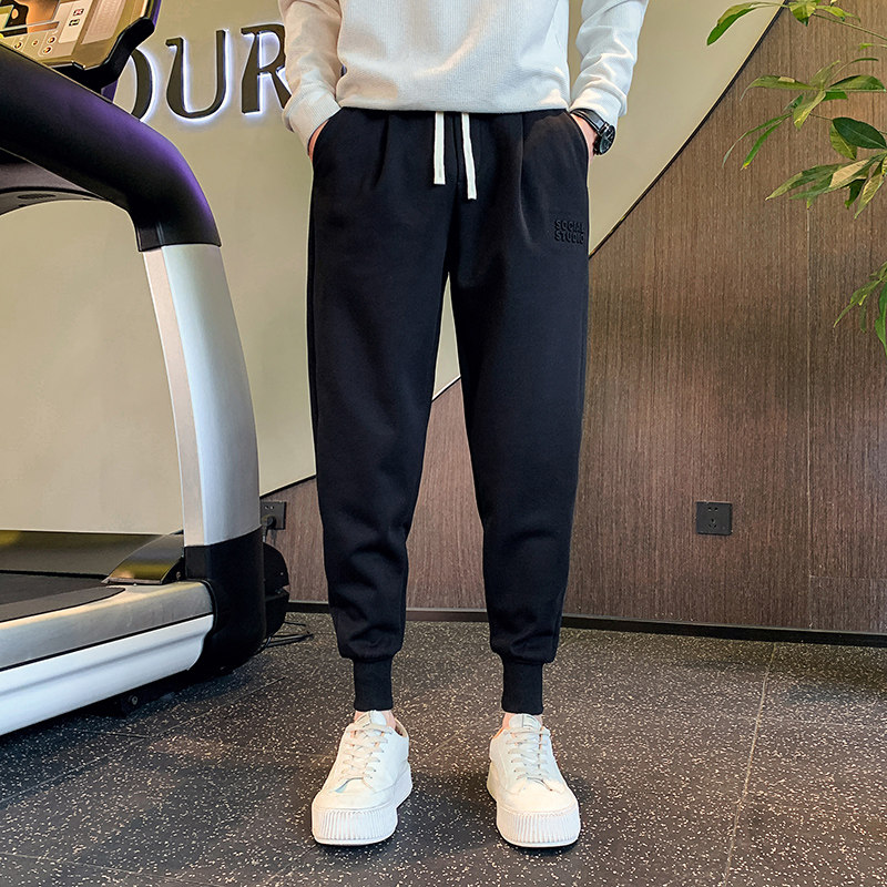 OBOY 봄 가을 벨벳 두꺼운 레깅스 스웨트 팬츠 남성 인터넷 연예인 유행 브랜드 잘 생긴 하렘 바지 캐주얼 신발 스웨트 팬츠