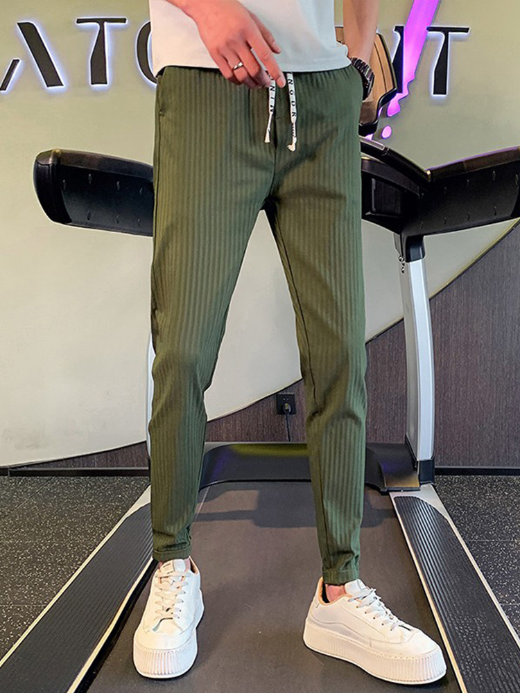 OBOY 여름 얇은 슬림 핏 캐주얼 바지 남성 트렌디 브랜드 잘 생긴 탄성 작은 다리 바지 인기 한국 스타일 졸라 매는 끈 긴 바지