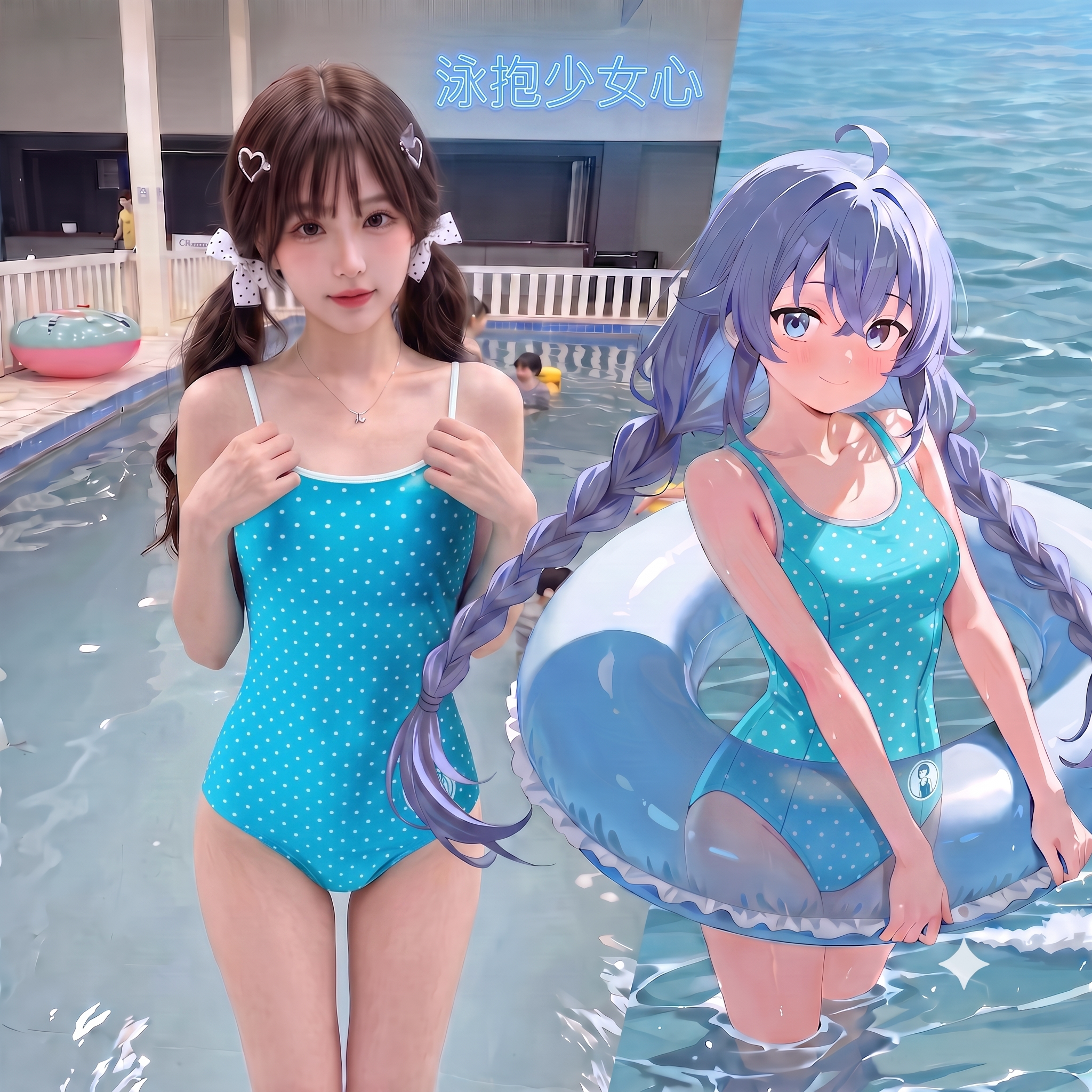 夏日甜妹蓝黑波点显瘦连体泳衣