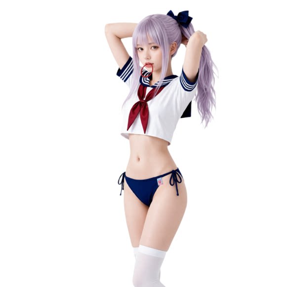 日系可爱少女藏蓝色性感比基尼海军风JK裙水手服小胸聚拢温泉度假