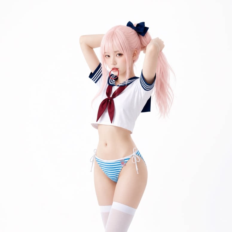 日系可爱少女蓝白碗性感比基尼海军风JK裙水手服小胸聚拢温泉度假