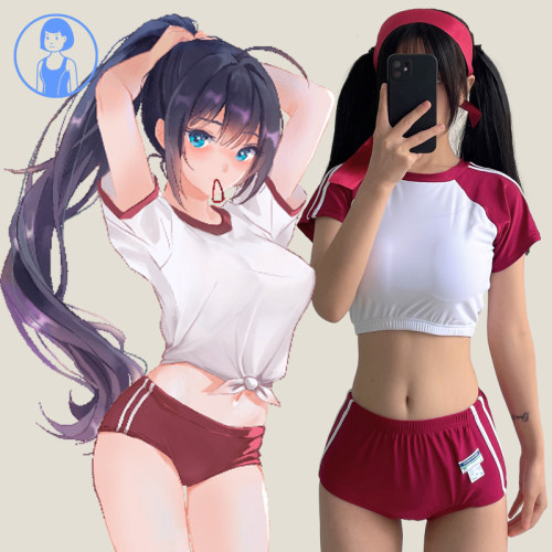 日系保守学生红色死库水连体泳衣