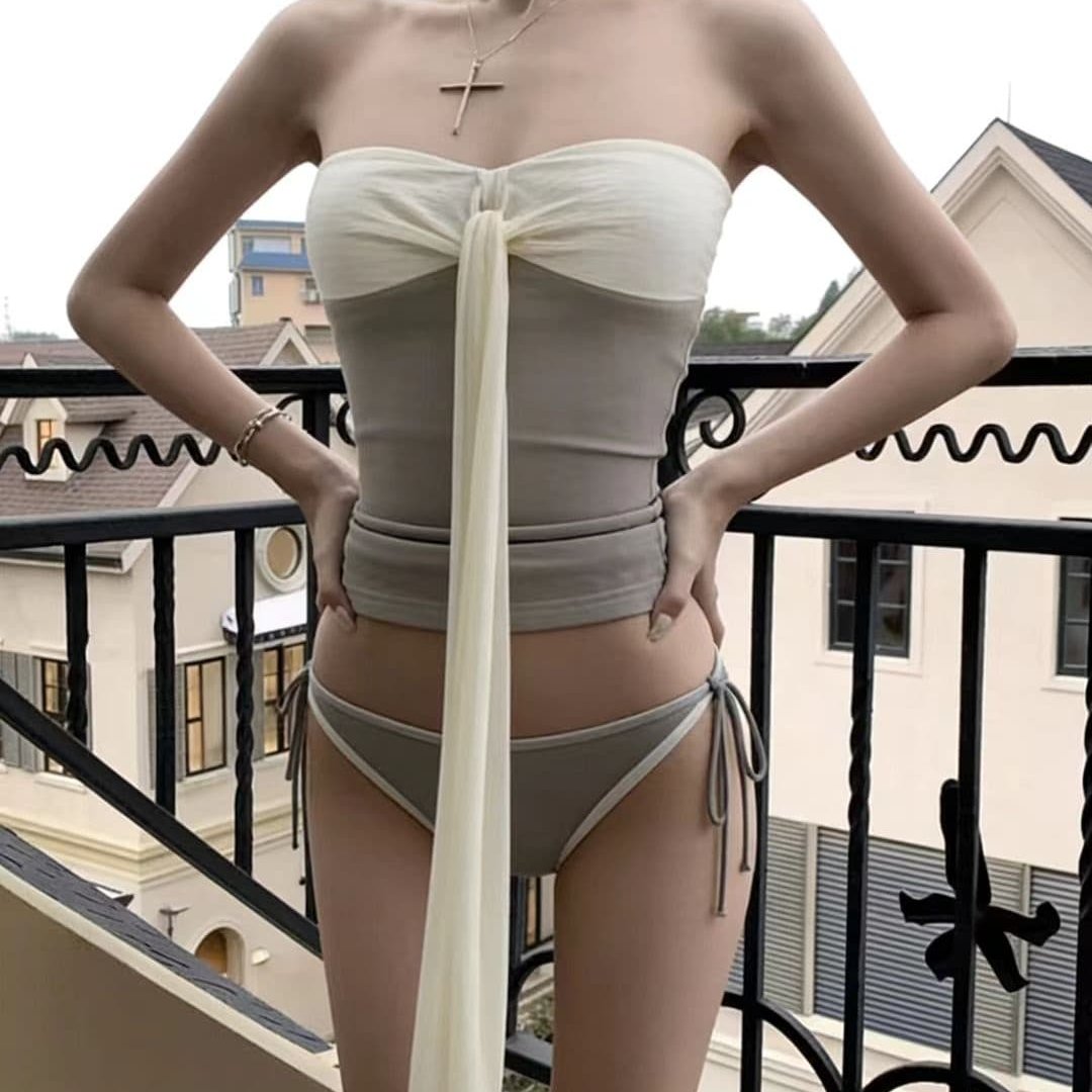 复古灰色绑带抹胸分体性感泳衣女