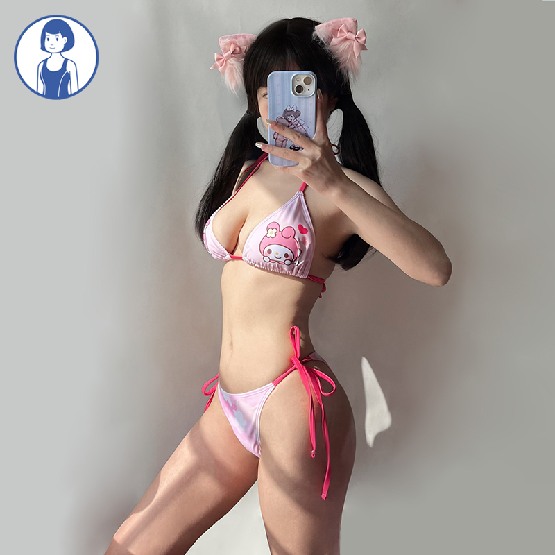 日系可爱少女学生复古甜美粉色绑带性感三角比基尼泳衣女度假泳装