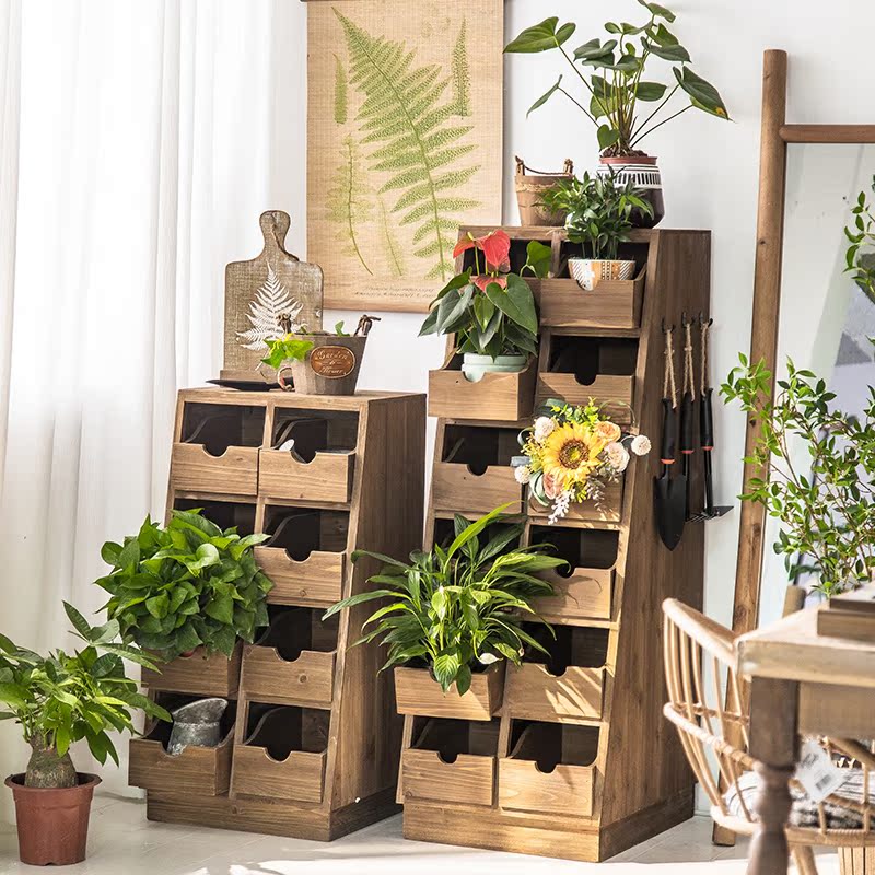 立式花园柜田园风收纳储物柜客厅花店抽屉柜可移动实木花架层次感