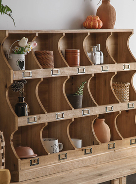 复古实木多层格收纳柜园艺柜子 花店客厅卧室镂空格子柜灯饰花架