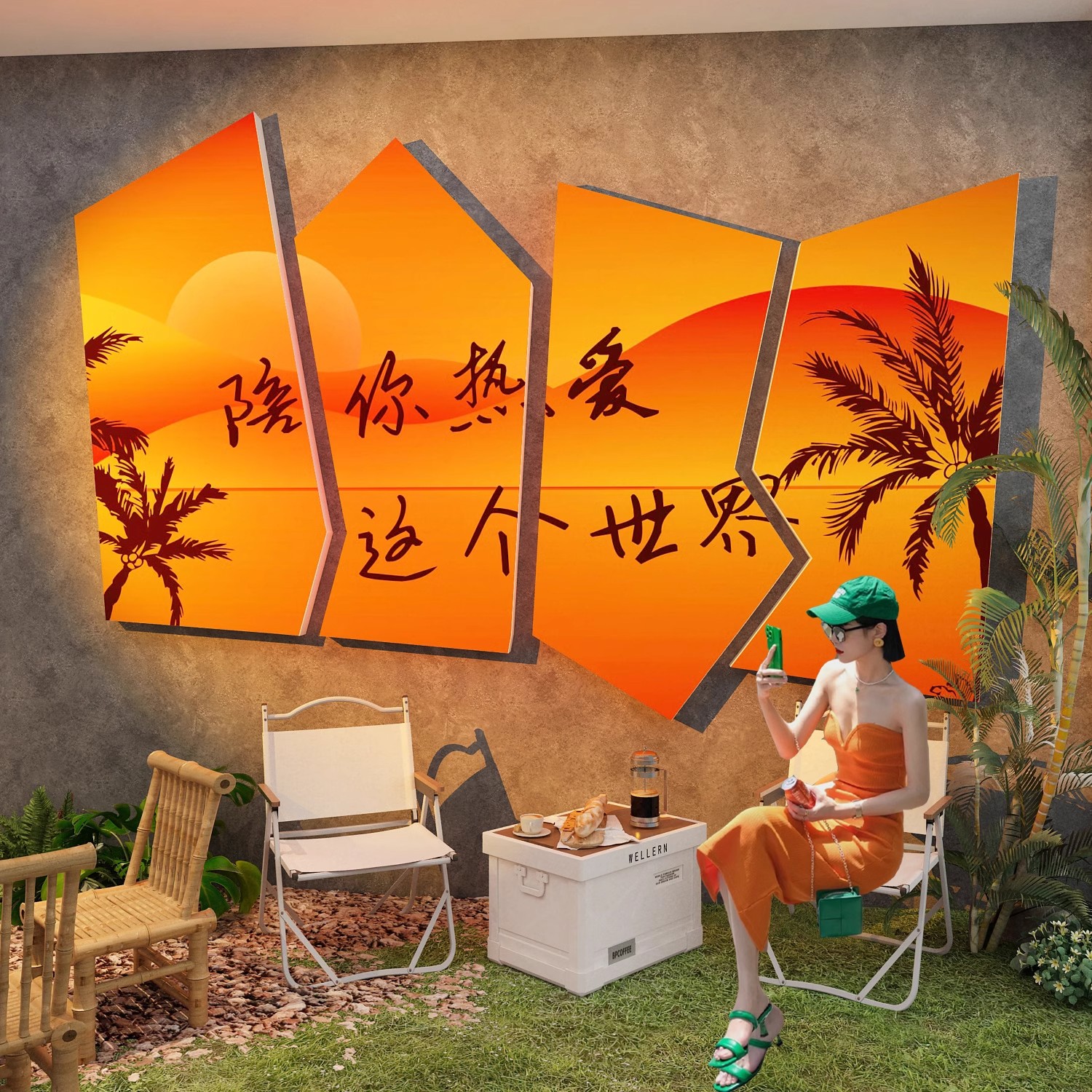 网红打卡墙拍照区氛围布置打造露天音乐餐厅酒吧墙壁面装饰背景贴