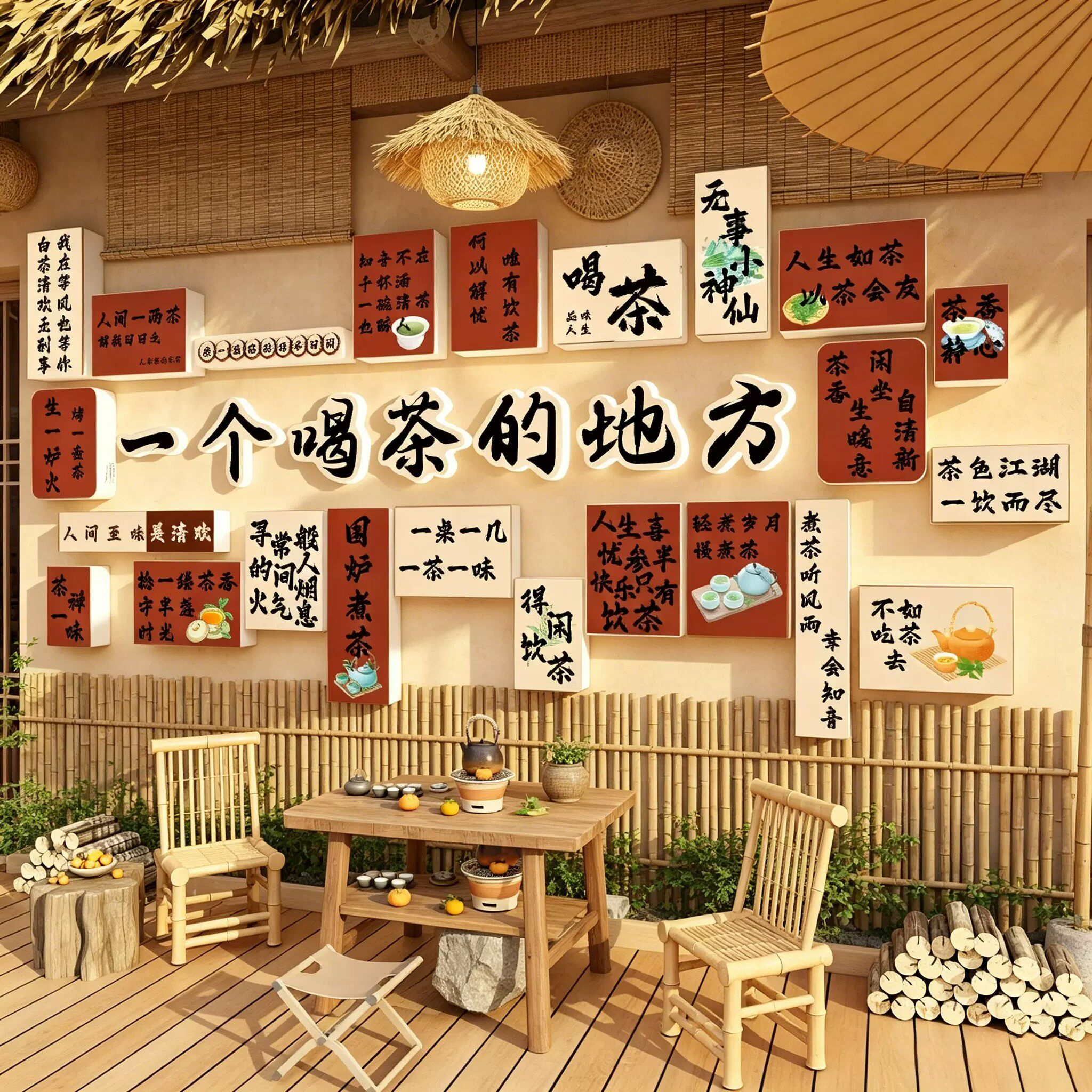 茶室氛围布置高级感茶文化背景墙装饰挂画网红户外小庭院网红打卡