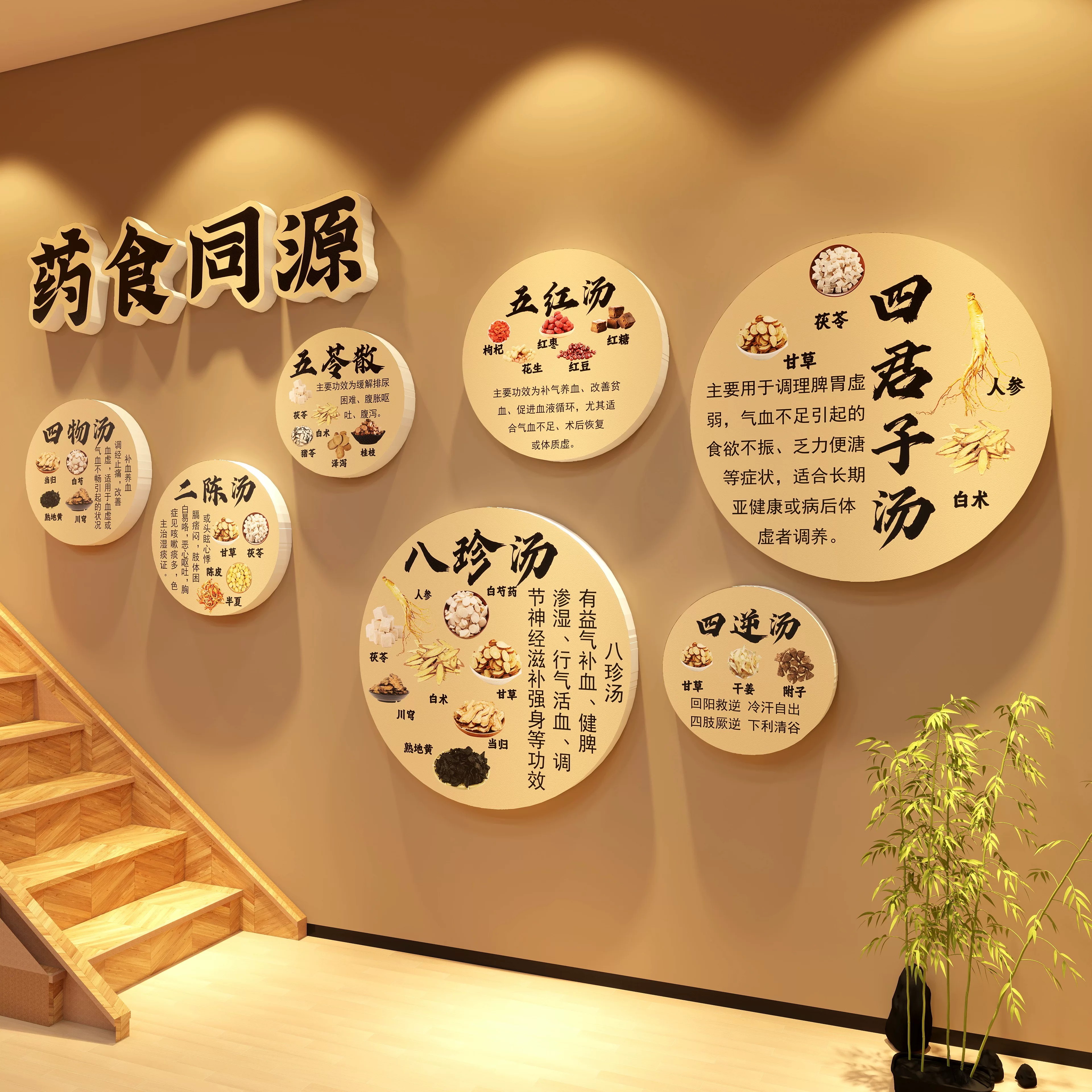 药食同源展示文化墙面软装饰挂画中医养生馆氛围布置形象背景墙贴
