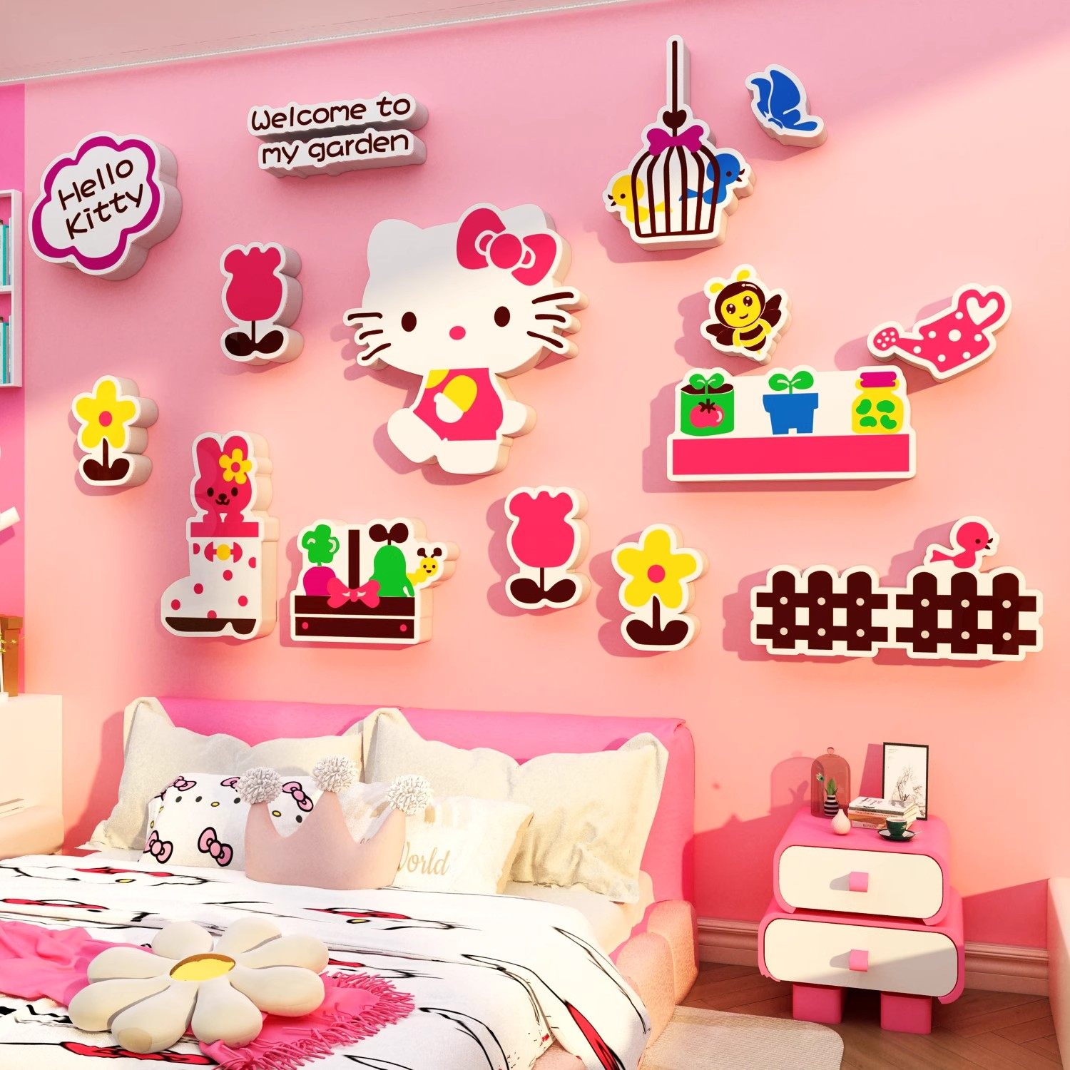 哈喽hellokitty猫墙面公主女宝卧室儿童房间布置装饰背景床头贴画