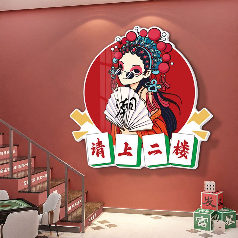 请上二楼梯指示牌国潮风饭店棋牌室背景墙面装饰画麻将馆房贴纸图片