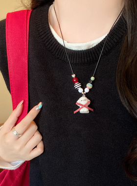 可爱萌趣抽拉爱心白色毛绒小狗吊坠项链女秋冬长款挂脖毛衣链配饰