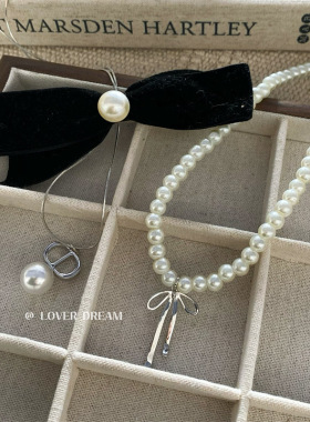 韩国新款银色蝴蝶结高亮仿珍珠项链 时尚甜美锁骨链简约百搭项饰