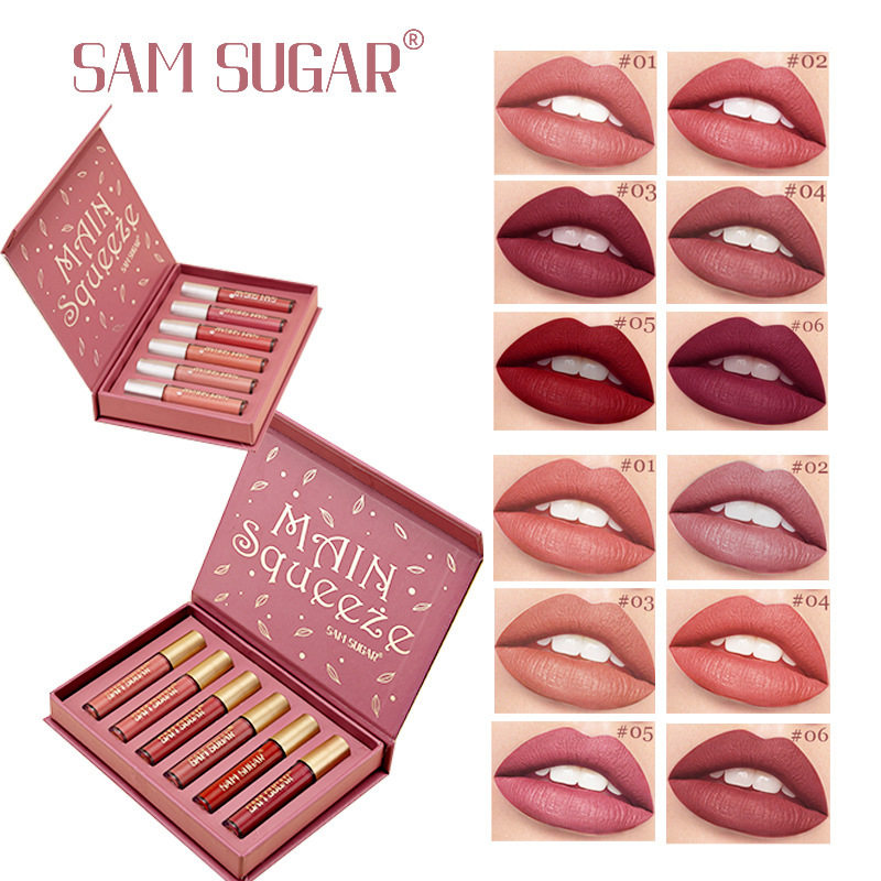 SAM SUGAR哑光不易沾杯6支唇彩礼盒套装雾面丝绒口红唇釉跨境