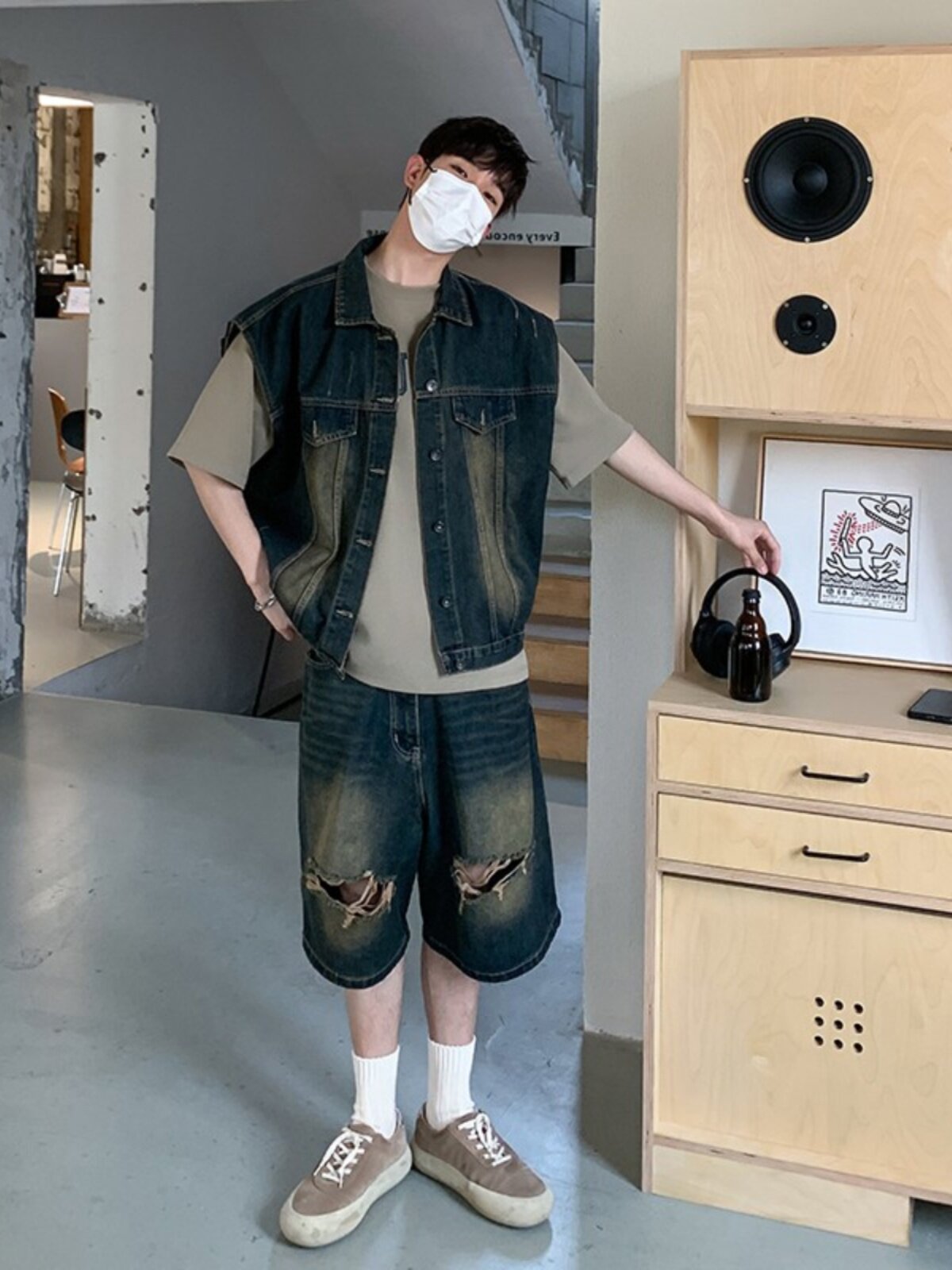 AMERICAN VINTAGE WASHED DISTRESSED DENIM VEST RIPPED SHORTS SUIT FOR MEN AND WOMEN SUMMER LOOSE SLEEVELESS SHOULDER JACKET