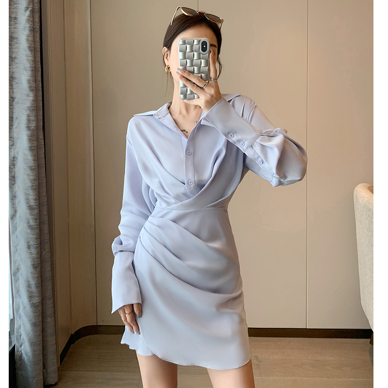 PINKEEN 2023秋季气质长袖蓝色衬衫裙不规则短裙子高级感连衣裙女