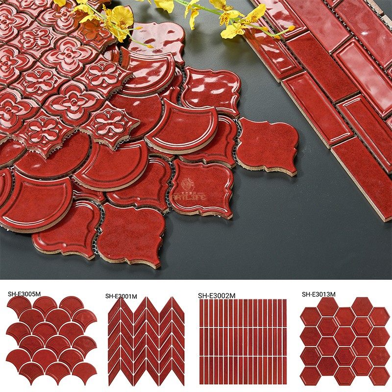 古典红色中国红大红瓷砖陶瓷马赛克背景墙厨房卫生间窑变手工墙砖