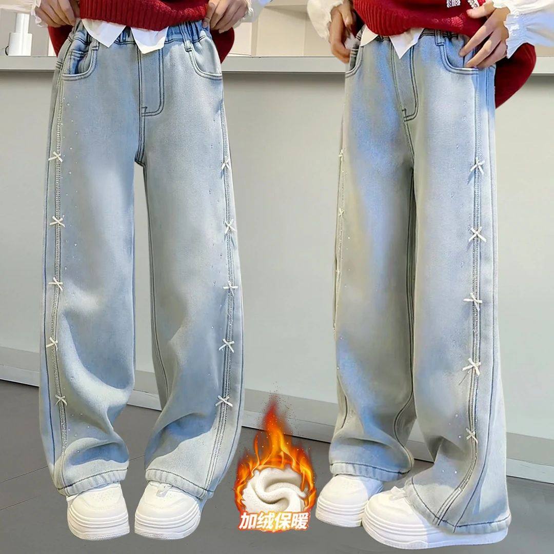 TT3454女童加绒牛仔裤烫钻蝴蝶结直筒裤,童装/婴儿装/亲子装,儿童牛仔裤,淘宝优惠券,粉丝福利购,淘宝优惠卷