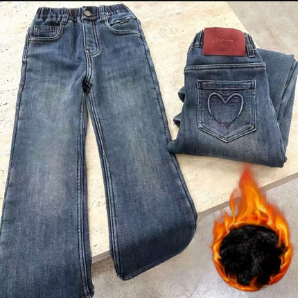 XF2025冬季新款女童加绒牛仔裤中大童休闲洋气爱心刺绣窄版直筒裤