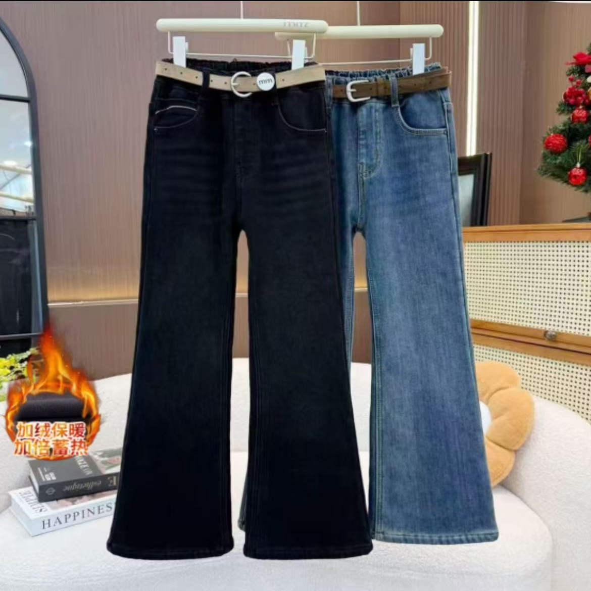 TT3245 女童加绒牛仔裤中大童一体绒喇叭裤加厚显瘦微喇裤无腰带