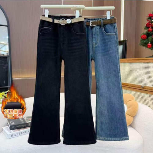 TT3245 女童加绒牛仔裤中大童一体绒喇叭裤加厚显瘦微喇裤无腰带