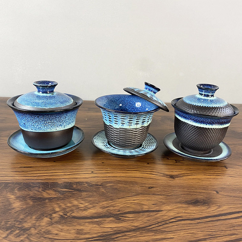 紫砂窑变蓝釉三才盖碗大号陶瓷功夫茶具建盏泡茶碗茶杯盖杯茶器