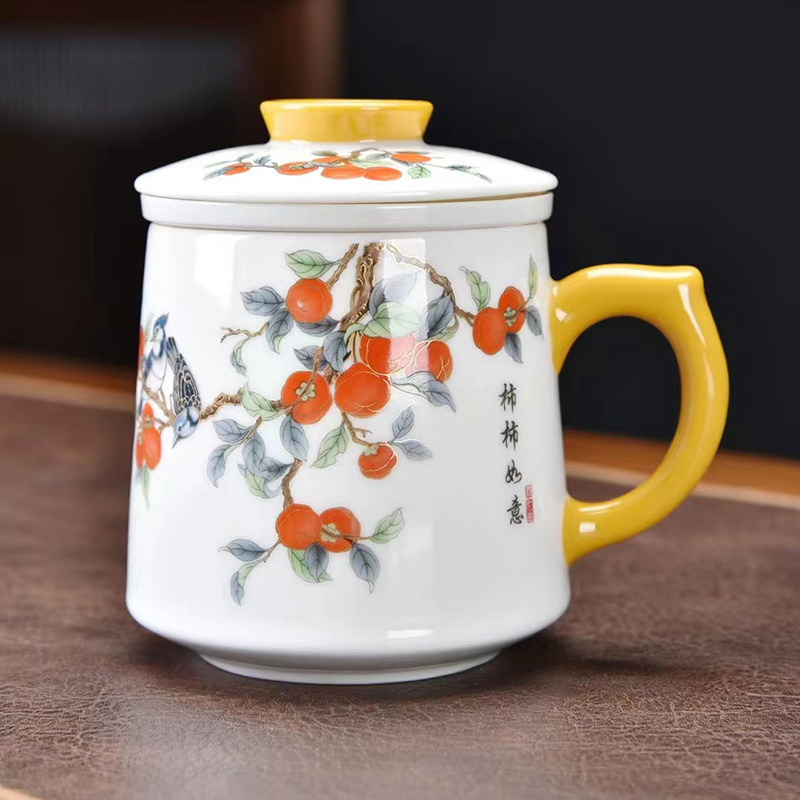 带盖过滤陶瓷四件套青花茶杯