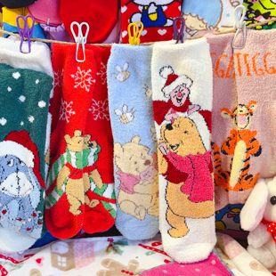 出口日本秋冬可爱小熊维尼pooh噗噗屹耳驴中筒袜女袜保暖珊瑚绒