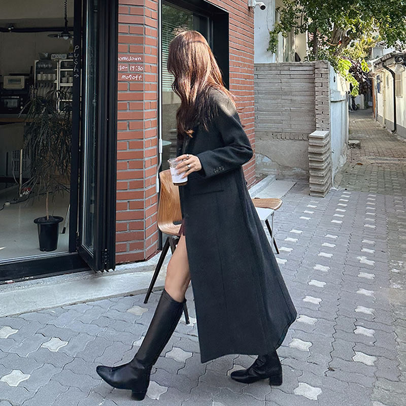 秋冬深灰色毛呢大衣女长款过膝到脚踝秋冬高级感超长外套冬季加厚