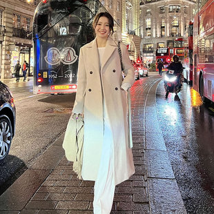 新款秋冬毛呢大衣外套女中长款过膝韩版宽松人字呢双排扣冬季加厚