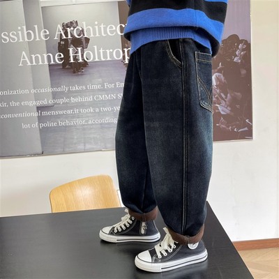 男童加厚奥粒绒复古牛仔裤2025新