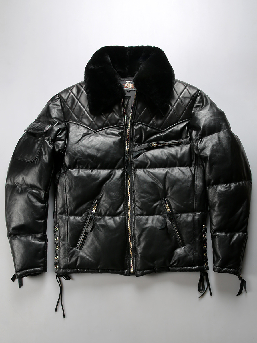 阿美咔叽机车羽绒服 绵羊皮拼马皮 加厚保暖羊毛领真皮羽绒皮衣男