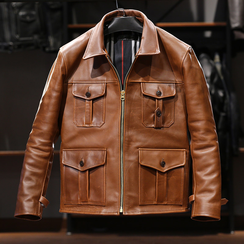 harley angel杰森同款头层油蜡黄牛皮皮衣真皮男士机车服翻领外套