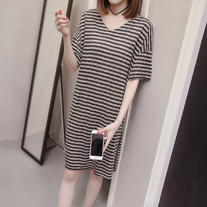 睡裙女夏季韩版短袖睡衣条纹纯棉可爱宽松大码可外穿薄款家居服女