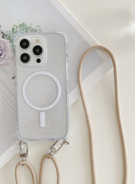 磁吸四角防摔手机壳magsafe适用三星s22+A52斜挎挂绳A34透明小众S23Ultra适用华为磁吸防摔电话壳s20UltraA54