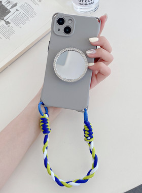 适用苹果15promax四角开孔原创iphone14promax手机壳挂绳灰色斜挎可调节11补妆镜面支架12pro小众高级灰xsmax