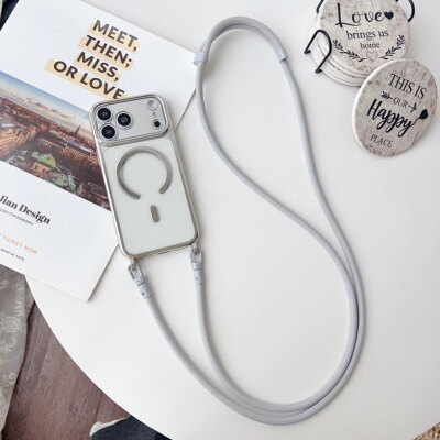 适用于苹果16promax手机壳新款带挂绳iPhone17pro全包镜头支架保护套i15防摔简约商务高级感IP14斜挎绳长短款