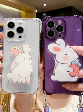 iphone15promax手机壳斜挎可背苹果16四角开孔紫色11pro挂绳防摔14灰色港风兔子支架xsmax暗夜紫潮12pro适用