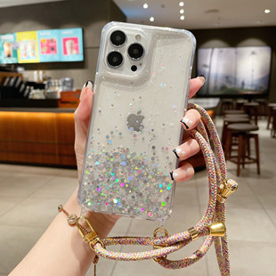 适用iphone15promax手机壳斜挎挂绳苹果14背带挂绳11保护套xsmax防摔x适用13promax电话套16promax闪粉滴胶12