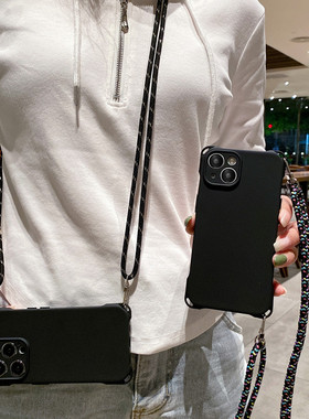 iphone14手机壳挂绳黑色适用苹果13prom四角开孔xsmax斜挎可调节x
