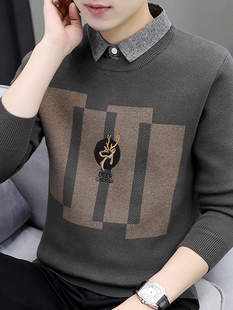 领男士 加绒加厚保暖羊毛衬衫 毛衣打底线衣 男秋冬季 假两件针织衫