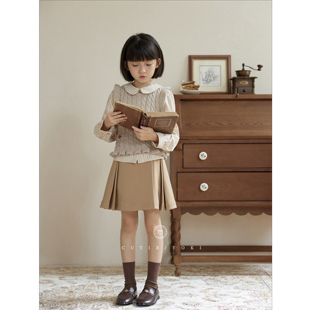新澳羊毛麻花马甲 条纹衬衫 卡其半裙 2025秋款 yoki童装