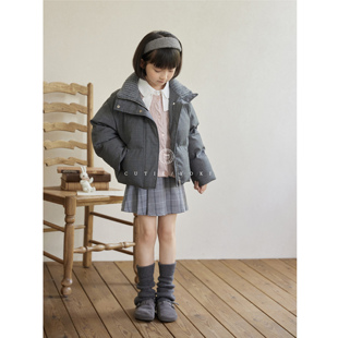 yoki童装 羽绒服格雷系格子三星白鸭绒保暖外套 秋冬亲子短款