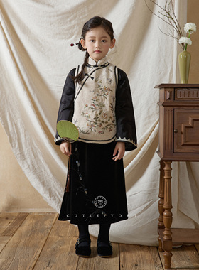 cutieyoki童装亲子年服新中式倒大袖衬衫刺绣马甲丝绒半裙