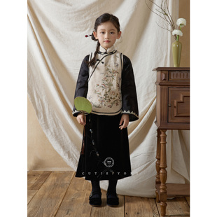 衬衫 倒大袖 刺绣马甲丝绒半裙 亲子年服女童民国风新中式 yoki童装