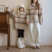 3条毛纯山羊绒开衫 CUTIEYOKI家亲子装 羊绒针织外套LP风提花亲子款