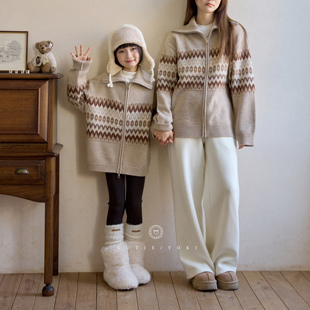 CUTIEYOKI家亲子装羊绒针织外套LP风提花亲子款3条毛纯山羊绒开衫