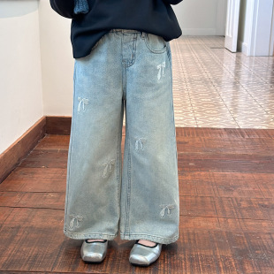 女童水洗牛仔裤竹节棉裤秋款 宝宝蝴蝶结直筒裤 女孩复古做旧长裤